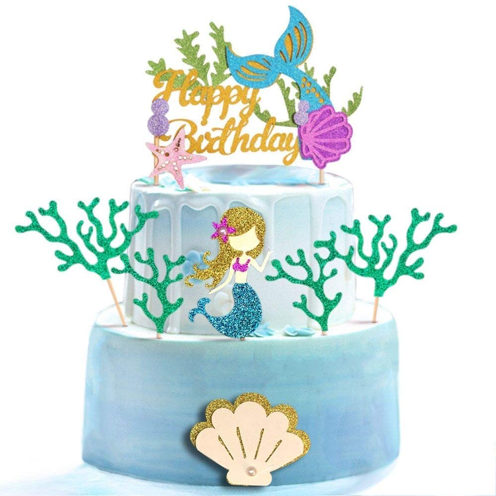 Glitter Mermaid Cake Topper 7Pcs, Cake Cupcake Toppers for Girls Mermaid Themed Birthday Cake Party Decorations