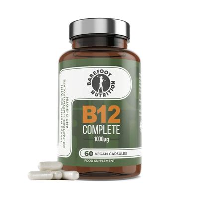 Barefoot Nutrition - B12 Complete, High Strength Supplement, Methylated B 12 (1000g) - with Cofactors Methyl folate (400g) & D-Biotin (400g) - 60 x 1 A Day Vegan-Friendly Capsules