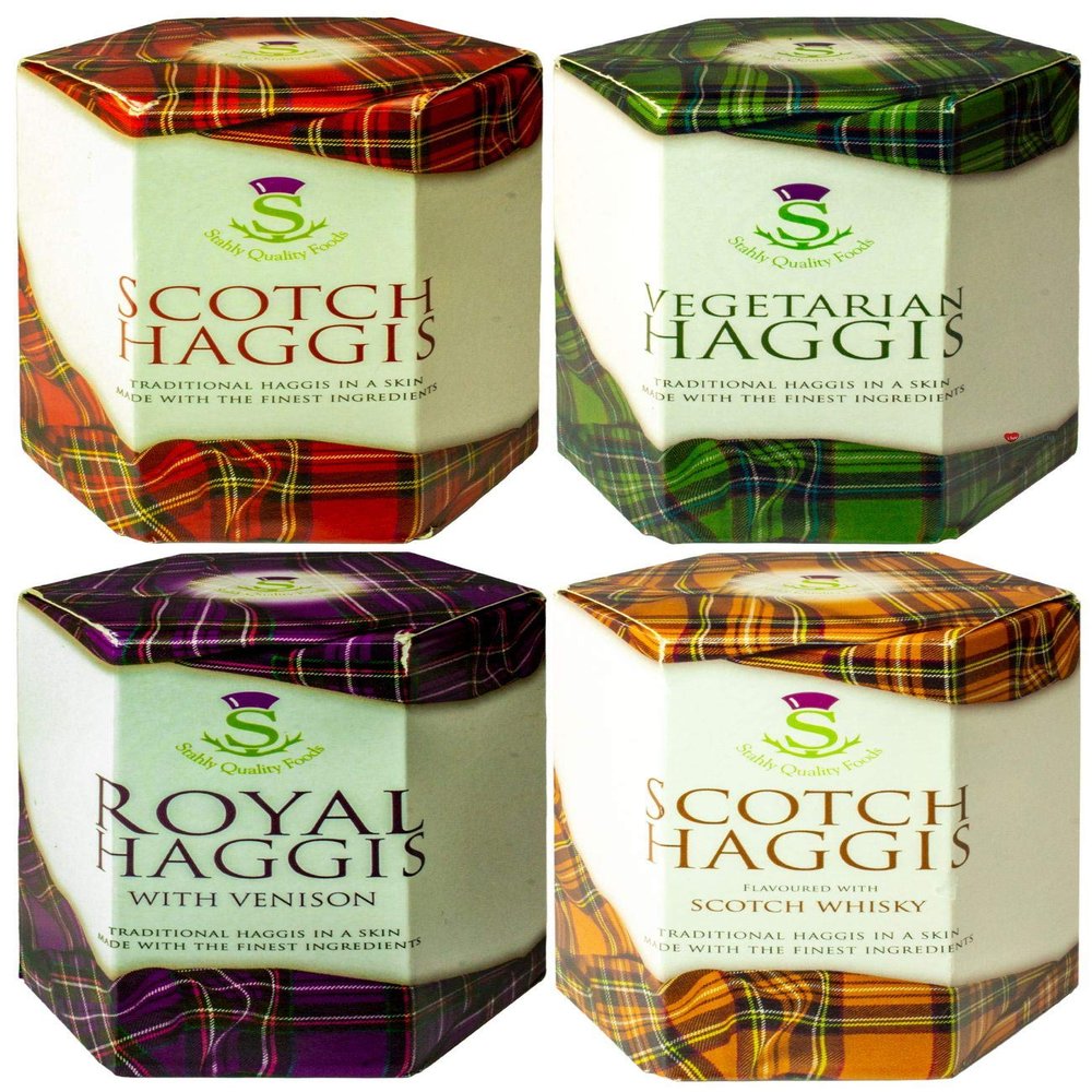 Scottish Haggis Pack of 4: Traditional Scottish, with Venison, Scotch Whisky Flavour and Vegetarian Haggis in a Tin - Tinned Scottish Food Gifts Scotland's National Dish