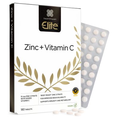 Healthspan Elite Zinc & Vitamin C (6 months supply) | 15mg Zinc & 80mg Vitamin C to support your immune health | All Blacks Official Partner | Easy swallow tablets | Informed Sport Accredited | Vegan