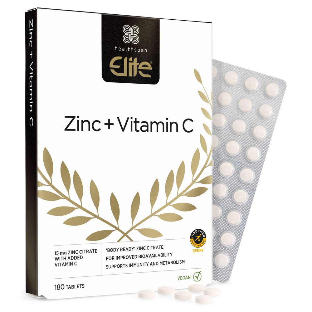 Healthspan Elite Zinc & Vitamin C (6 months supply) | 15mg Zinc & 80mg Vitamin C to support your immune health | All Blacks Official Partner | Easy swallow tablets | Informed Sport Accredited | Vegan