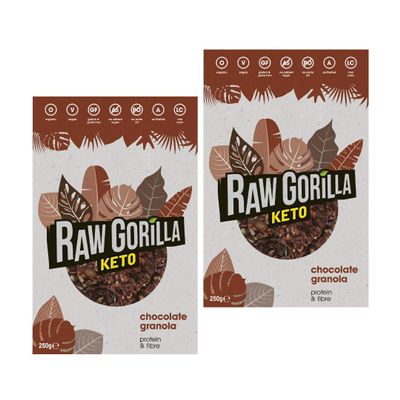 Raw Gorilla Keto Chocolate Granola 2 Pack of 250g | Low Sugar, Vegan, No Added Sugar, Low Carb 4g Net Carbs, Plant Based Breakfast Cereal with Activated Nuts, Grain & Gluten Free