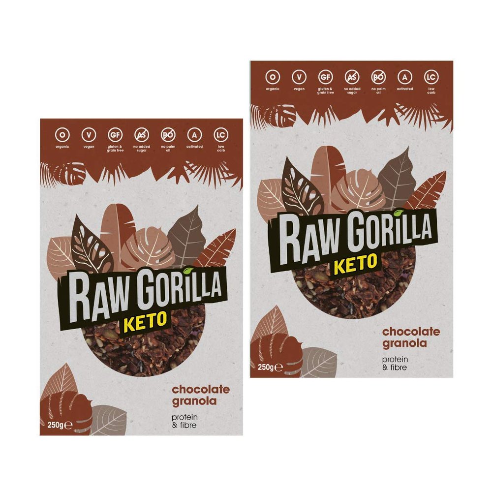 Raw Gorilla Keto Chocolate Granola 2 Pack of 250g | Low Sugar, Vegan, No Added Sugar, Low Carb 4g Net Carbs, Plant Based Breakfast Cereal with Activated Nuts, Grain & Gluten Free