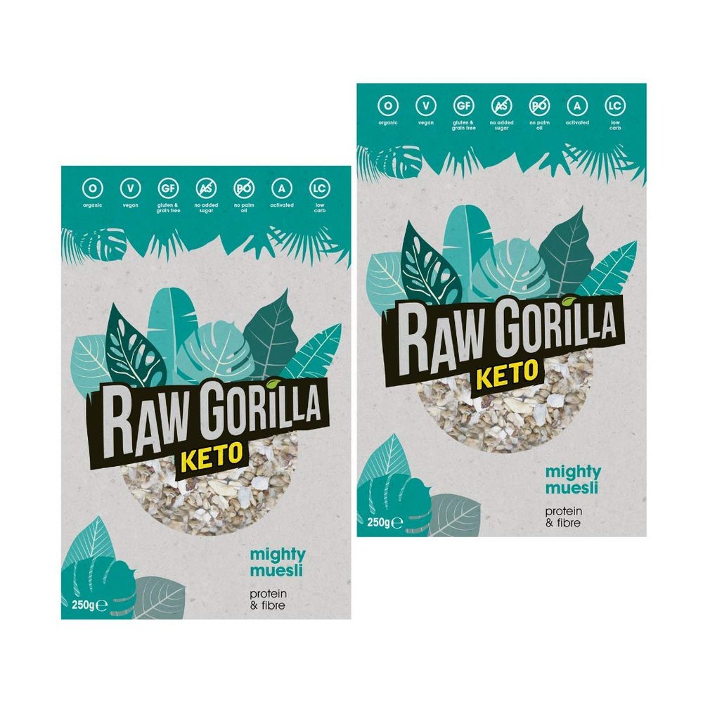 Raw Gorilla Keto Mighty Muesli 2 Packs of 250g | Low Sugar, Vegan, No Added Sugar, Low Carb 4g Net Carbs, Plant Based Breakfast Cereal with Activated Nuts, Grain & Gluten Free