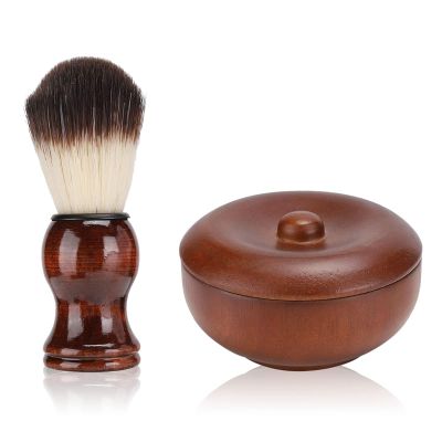 Agatige Hair Shaving Brush & Bowl Set, Wooden Shaving Soap Bowl Shaving Mug with Lid Beard Mens Shaving Kit Cream Brush Tool for Men Wet Close Shave