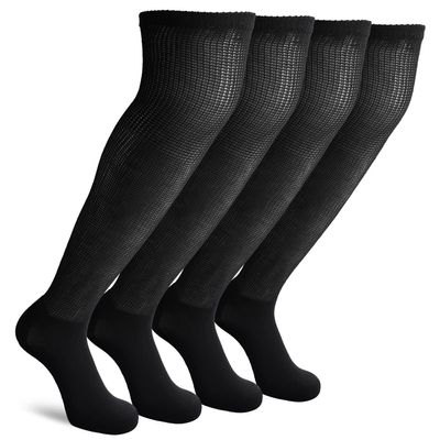 Athlemo Non-Binding Over the Knee Diabetic Socks for Men, 4 Pairs Circulatory Socks with Cushion Sole, Black, 10-13