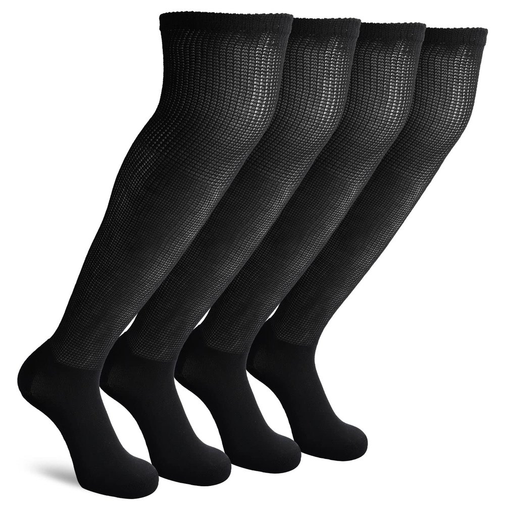 Athlemo Non-Binding Over the Knee Diabetic Socks for Men, 4 Pairs Circulatory Socks with Cushion Sole, Black, 10-13