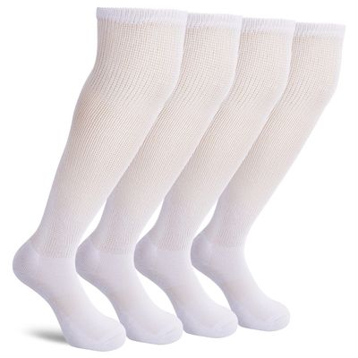 Athlemo Non-Binding Over the Knee Diabetic Socks for Men, 4 Pairs Circulatory Socks with Cushion Sole, White, 8-10 UK