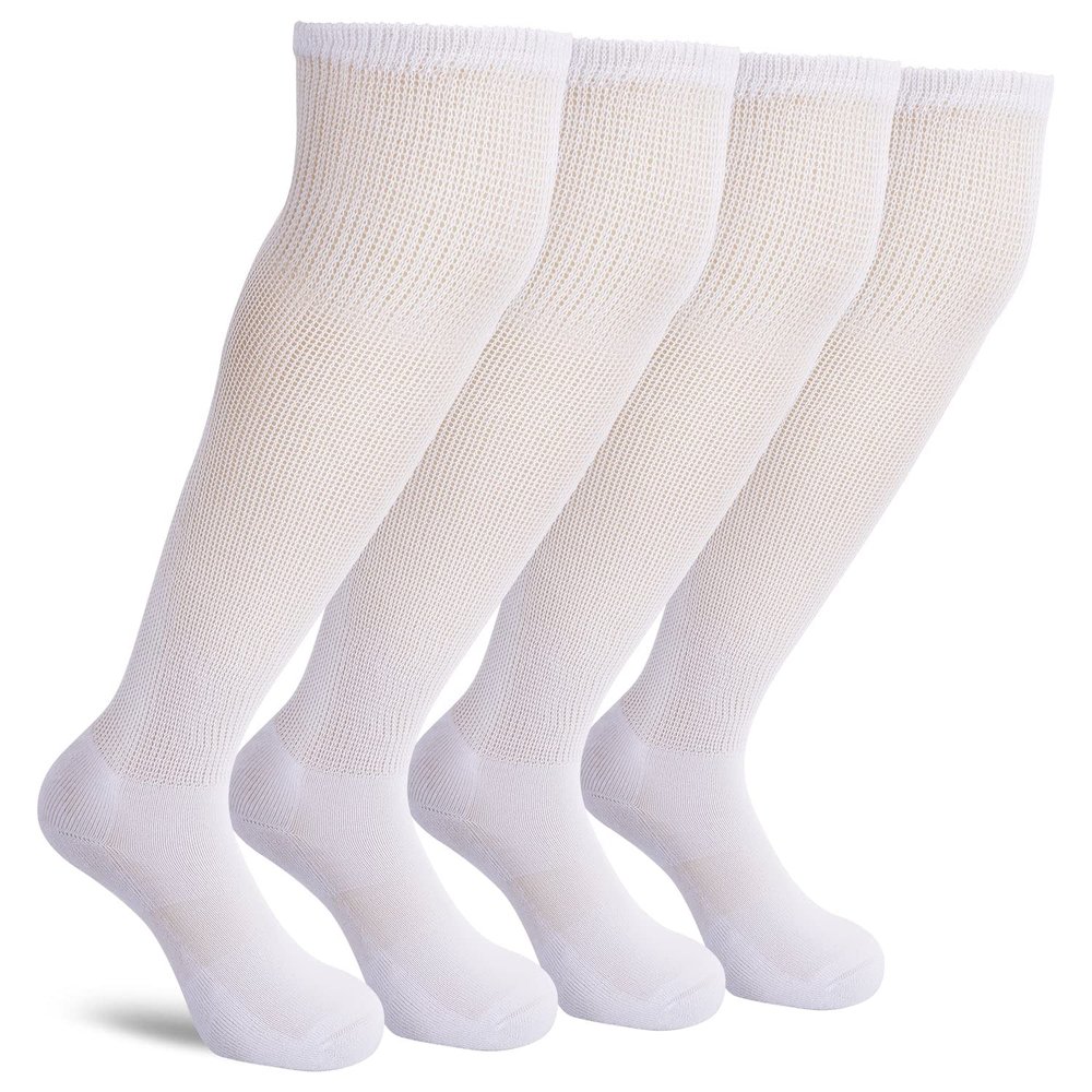 Athlemo Non-Binding Over the Knee Diabetic Socks for Men, 4 Pairs Circulatory Socks with Cushion Sole, White, 8-10 UK