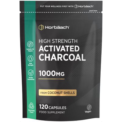 Activated Charcoal Capsules | High Strength 1000mg | Supplement from Natural Coconut | 120 Vegan Tablets | by Horbaach