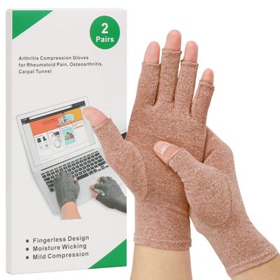 2-Pair Arthritis Compression Gloves for Alleviate Rheumatoid Osteoarthritis, Carpal Tunnel Raynauds Disease, Ease Muscle Tensi on Fingerless, Breathable & Moisture, Women and Men (Coffee, Small)
