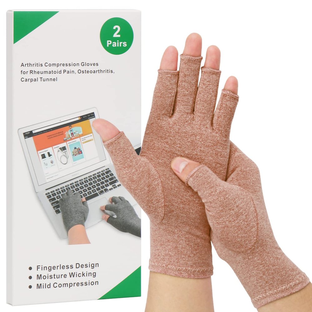 2-Pair Arthritis Compression Gloves for Alleviate Rheumatoid Osteoarthritis, Carpal Tunnel Raynauds Disease, Ease Muscle Tensi on Fingerless, Breathable & Moisture, Women and Men (Coffee, Small)