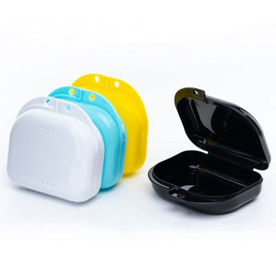 BOOMIBOO Retainer Case with Vent Holes, 4 Pcs Denture Cases, Durable & Similar Mouth Guard Case for Black, White, Yellow and Blue - Tight Snap Lock, Easy to Use