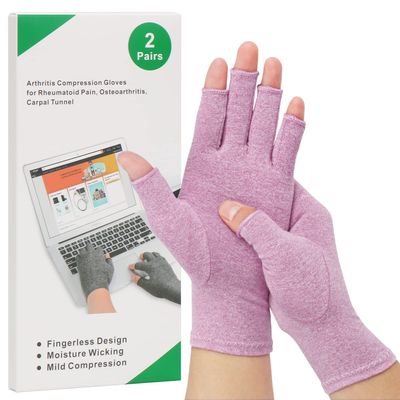 2-Pair Arthritis Compression Gloves for Alleviate Rheumatoid Osteoarthritis, Carpal Tunnel Raynauds Disease, Ease Muscle Tensi on Fingerless, Breathable & Moisture, Women and Men (Purple, Small)
