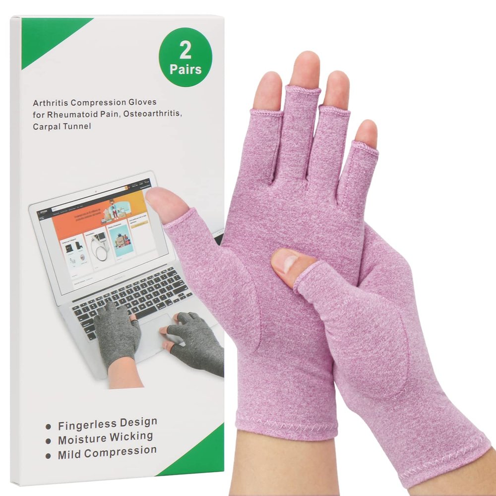 2-Pair Arthritis Compression Gloves for Alleviate Rheumatoid Osteoarthritis, Carpal Tunnel Raynauds Disease, Ease Muscle Tensi on Fingerless, Breathable & Moisture, Women and Men (Purple, Small)