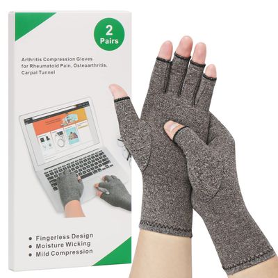 2-Pair Arthritis Compression Gloves for Relieve Hand Pain, Ease Muscle Tensi on Fingerless, Breathable & Moisture, Women and Men (Grey, Large)