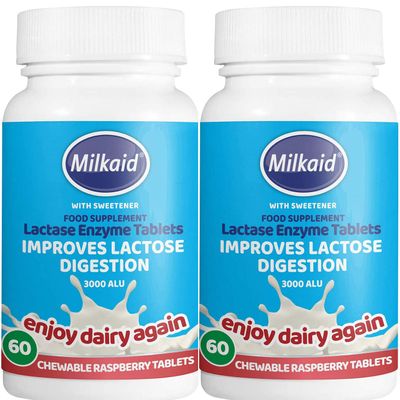 2 X 60 Milkaid Lactase Enzyme Chewable Tablets for Lactose Intolerance Relief | Prevents Gas, Bloating & Diarrhoea | Fast Acting Dairy Digestive Supplement | Gluten Free & Vegan | (2 Pack of 60s)