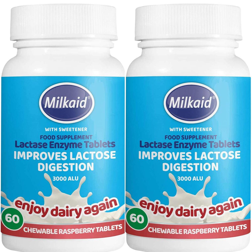2 X 60 Milkaid Lactase Enzyme Chewable Tablets for Lactose Intolerance Relief | Prevents Gas, Bloating & Diarrhoea | Fast Acting Dairy Digestive Supplement | Gluten Free & Vegan | (2 Pack of 60s)