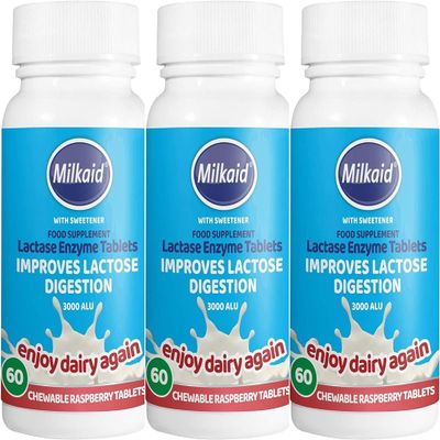3 X 60 Tablets - Milkaid Lactase Enzyme Chewable Tablets for Lactose Intolerance Relief | Prevents Gas, Bloating & Diarrhoea | Fast Acting Dairy Digestive Supplement | Gluten Free & Vegan. (3 Packs)