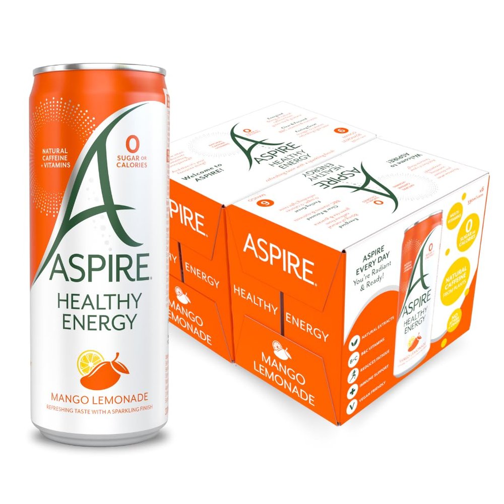 ASPIRE Mango Lemonade Healthy Energy Drink  12 x 330ml Cans  Zero Calories & Zero Sugar  Natural Plant Based Caffeine - Vegan & Gluten Free