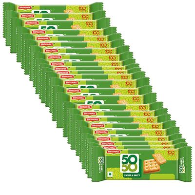 Britannia 50-50 Biscuits 62g (Pack of 24) Sweet and Salty Biscuits Flat Baked Crunchy and Tasty Golden Brown cracker - Cracker Biscuits Cookies Tea Time Snacks for Kids & Family