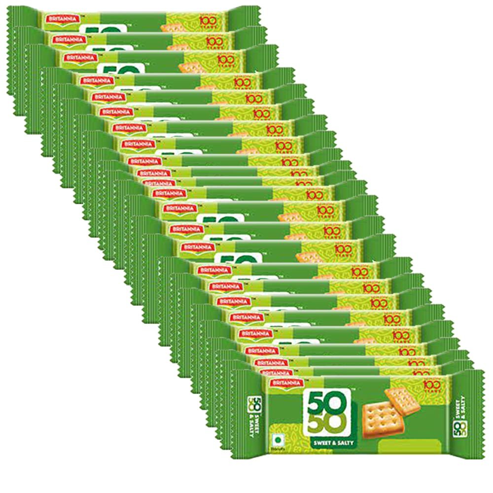 Britannia 50-50 Biscuits 62g (Pack of 24) Sweet and Salty Biscuits Flat Baked Crunchy and Tasty Golden Brown cracker - Cracker Biscuits Cookies Tea Time Snacks for Kids & Family