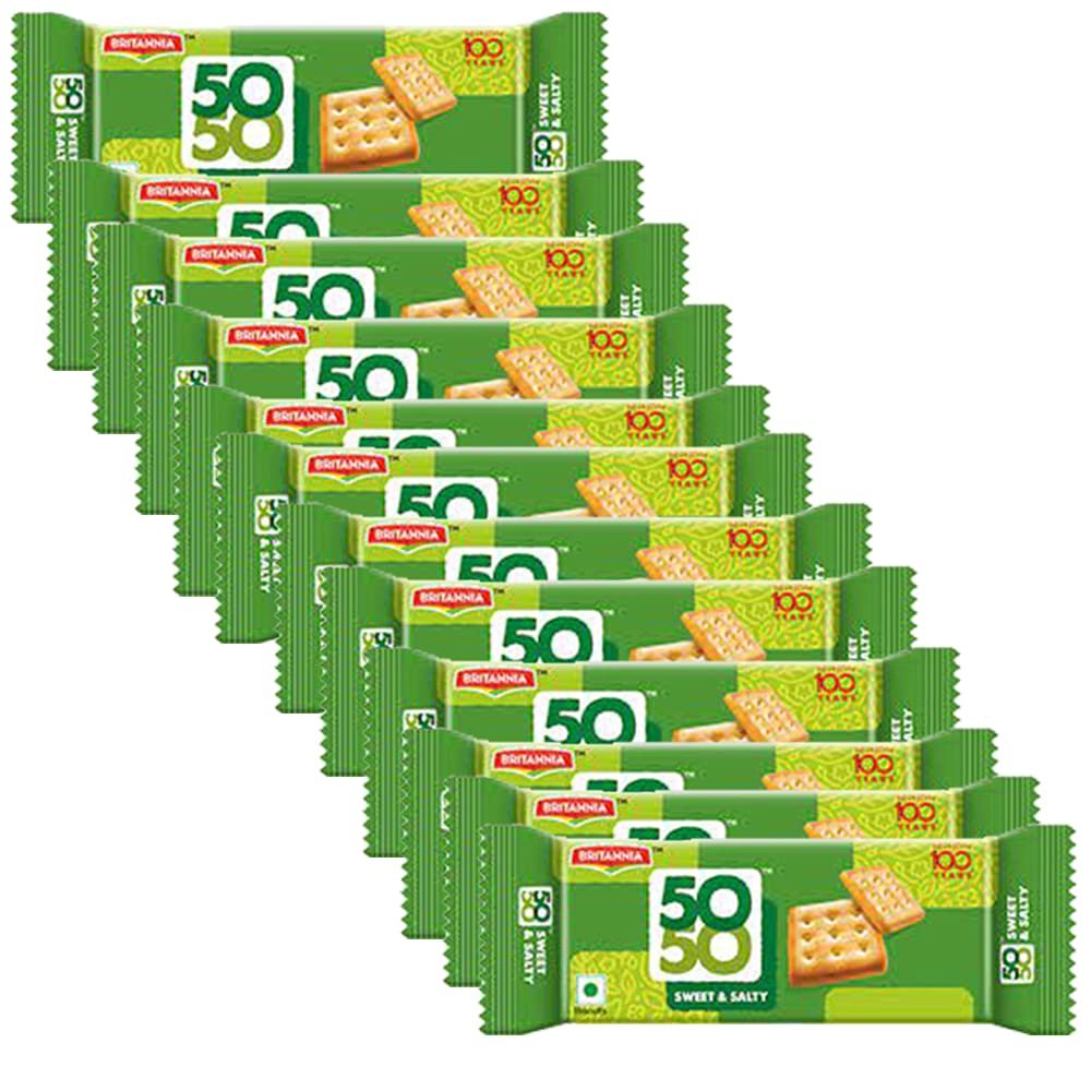 Britannia 50-50 Biscuits 62g (Pack of 12) Sweet and Salty Biscuits Flat Baked Crunchy and Tasty Golden Brown cracker - Cracker Biscuits Cookies Tea Time Snacks for Kids & Family