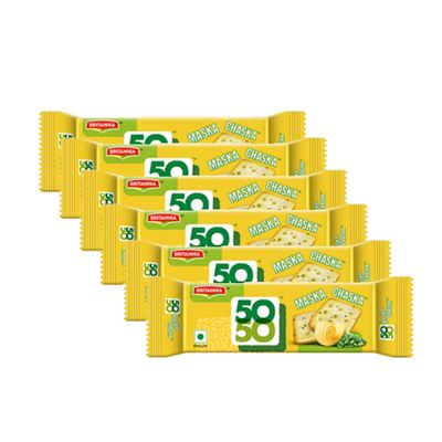 Britannia 50-50 Maska Chaska Biscuits 62g (Pack of 6)  Sweet and Salty Biscuits  Flat Baked  Crunchy and Tasty  Golden Brown cracker - Cracker Cookies Tea Time Snacks for Kids & Family