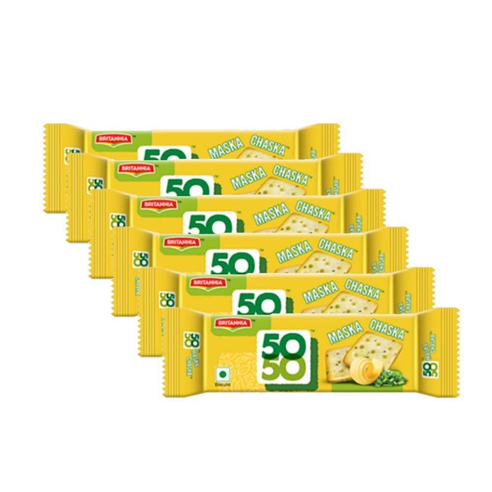 Britannia 50-50 Maska Chaska Biscuits 62g (Pack of 6)  Sweet and Salty Biscuits  Flat Baked  Crunchy and Tasty  Golden Brown cracker - Cracker Cookies Tea Time Snacks for Kids & Family