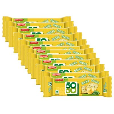 Britannia 50-50 Maska Chaska Biscuits 62g (Pack of 12) Sweet and Salty Biscuits Flat Baked Crunchy and Tasty Golden Brown cracker - Cracker Cookies Tea Time Snacks for Kids & Family