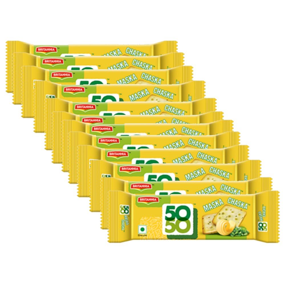 Britannia 50-50 Maska Chaska Biscuits 62g (Pack of 12) Sweet and Salty Biscuits Flat Baked Crunchy and Tasty Golden Brown cracker - Cracker Cookies Tea Time Snacks for Kids & Family