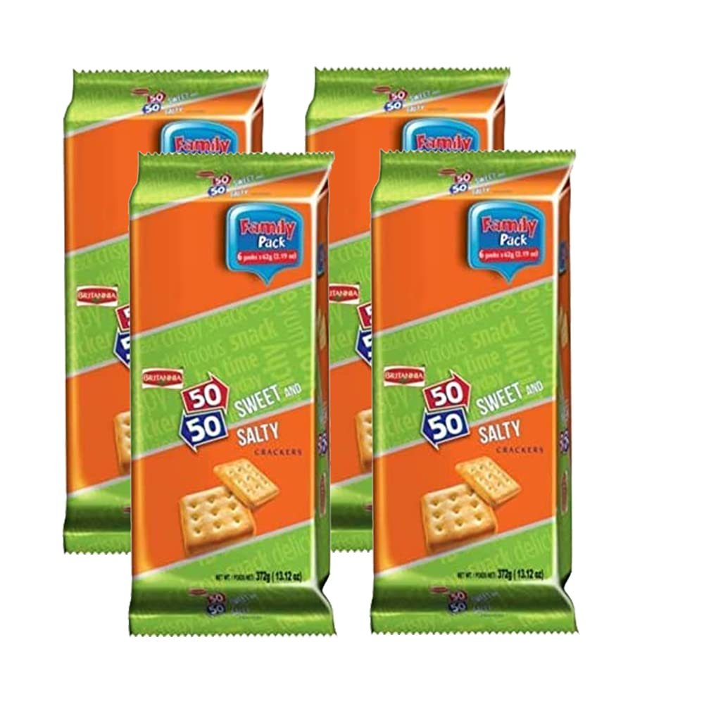 Britannia 50-50 Biscuits 372g (Pack of 4)  Sweet and Salty Biscuits Flat Baked Crunchy and Tasty Golden Brown cracker - Delicious Cracker Biscuits Cookies Tea Time Snacks for Kids & Family
