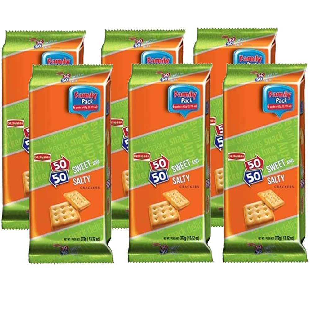 Britannia 50-50 Biscuits 372g (Pack of 6)  Sweet and Salty Biscuits  Flat Baked  Crunchy and Tasty  Golden Brown cracker - Delicious Cracker Biscuits Cookies Tea Time Snacks for Kids & Family