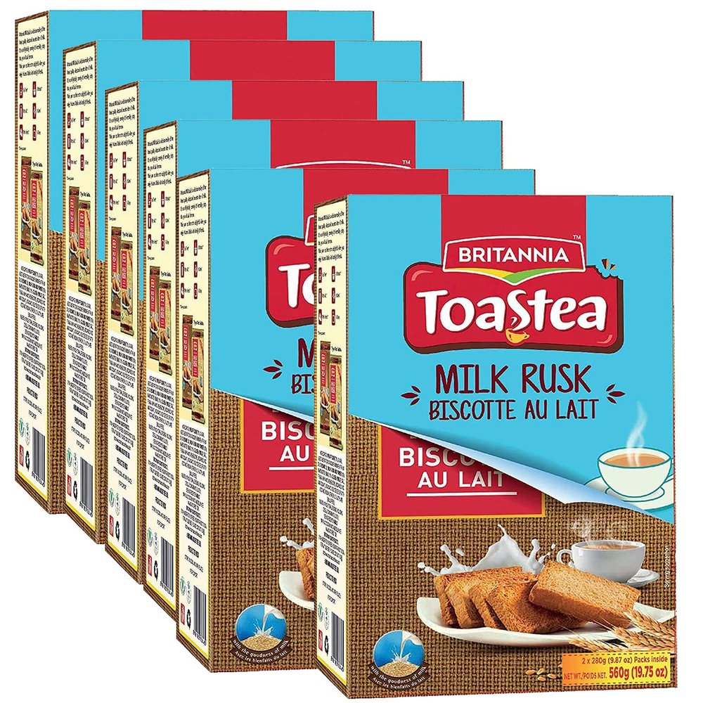 Britannia Milk Rusk 560g (Pack of 6) - Crispy & Crunchy Wheat Toasted Bread Rusks - Perfect Tea Time Companion - Semi Hard Toast - Cracker Biscuits Cookies Tea Time Snacks for Kids & Family