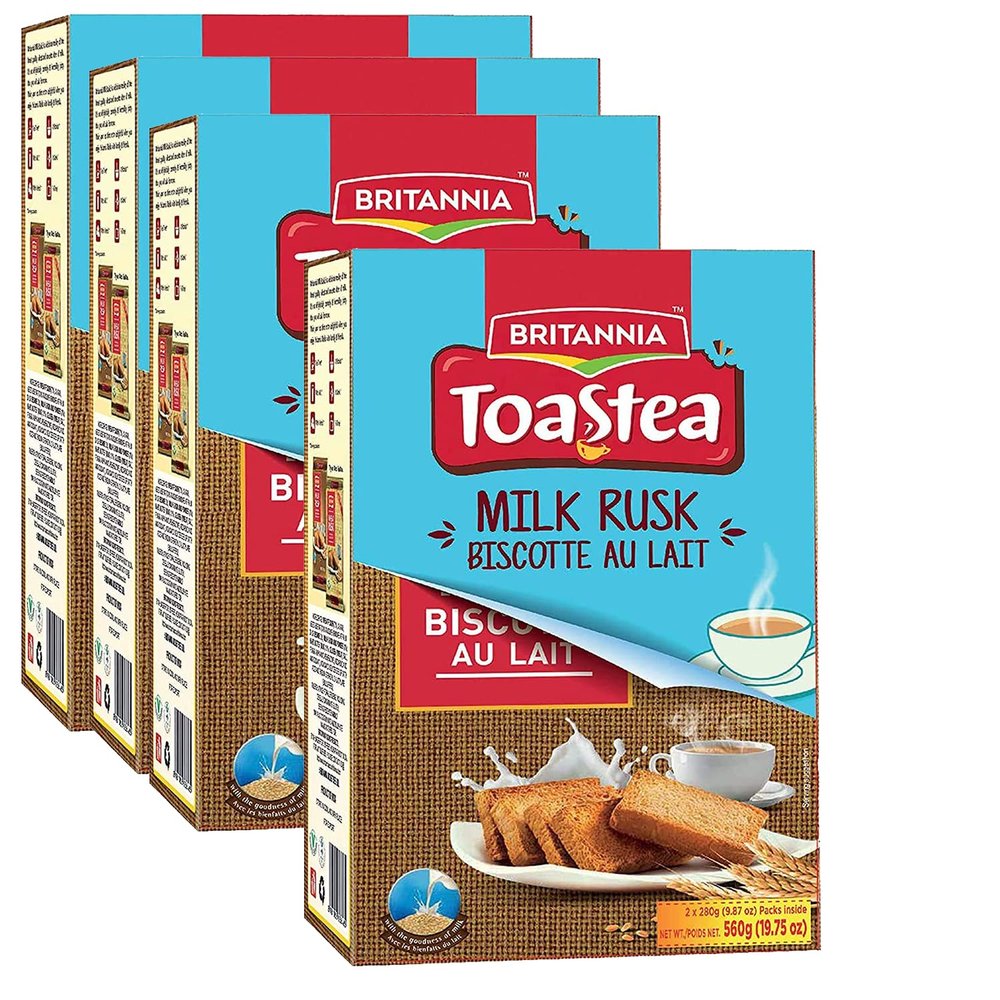 Britannia Milk Rusk 560g (Pack of 4) Biscuits - Crispy & Crunchy Wheat Toasted Bread Rusks - Perfect Tea Time Companion - Delicious Cracker Snacks for Kids - Anytime & Anywhere Treat