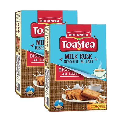 Britannia Milk Rusk 560g (Pack of 2) Great Companion for Your Evening Cup of Tea Semi Hard Toast - Cracker Biscuits Cookies Tea Time Snacks for Kids & Family