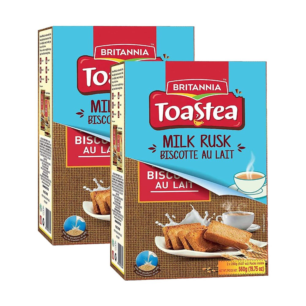 Britannia Milk Rusk 560g (Pack of 2) Great Companion for Your Evening Cup of Tea Semi Hard Toast - Cracker Biscuits Cookies Tea Time Snacks for Kids & Family