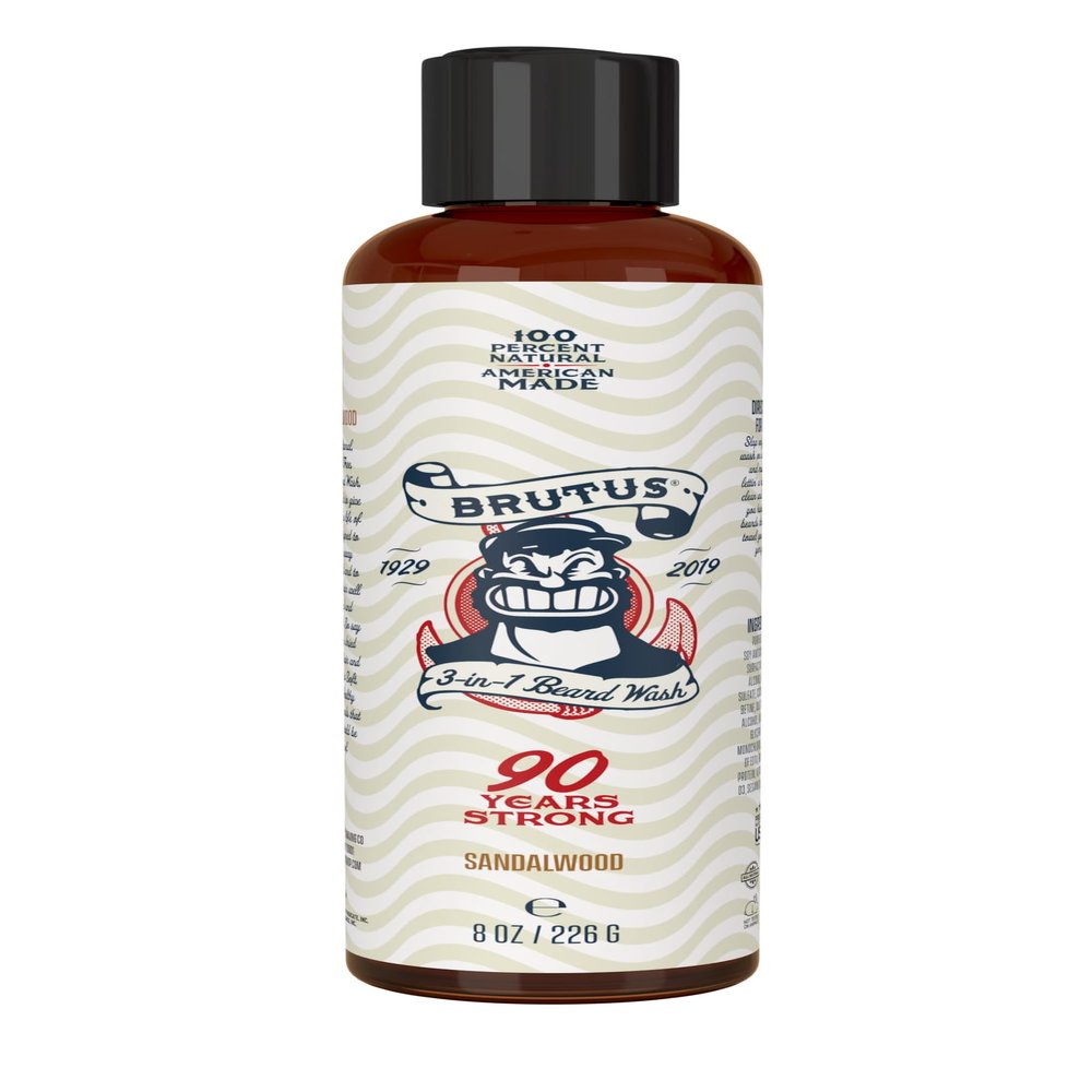 BRUTUS Beard Company Sandalwood 3 in 1 Beard Wash For Men, Keeps Hair Well Nourished & Conditioned, Hand-Crafted & 100% Natural, Designed to Not Strip Away Natural Oils - 8oz