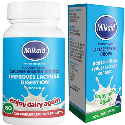 Milkaid Lactase Enzyme | 60 Chewable Tablets and 15ml Drops for Lactose Intolerance Relief | Dairy Digestive Supplement