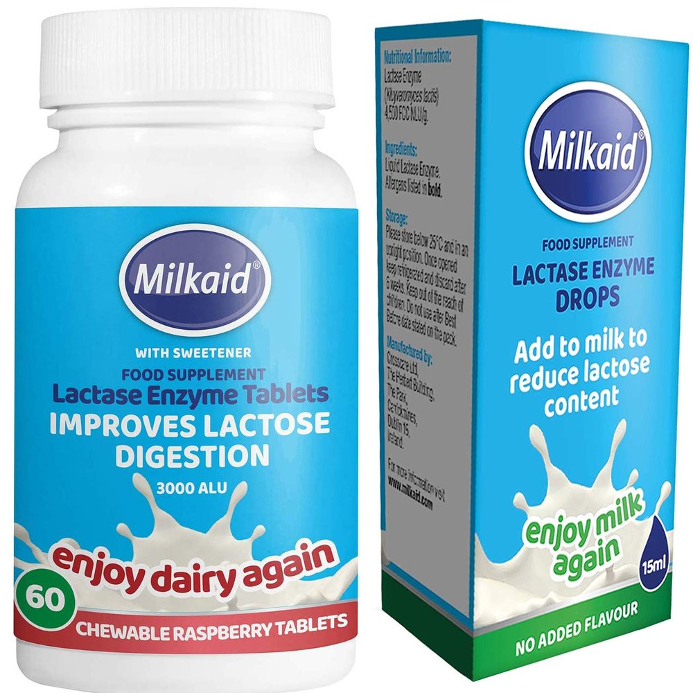 Milkaid Lactase Enzyme | 60 Chewable Tablets and 15ml Drops for Lactose Intolerance Relief | Dairy Digestive Supplement