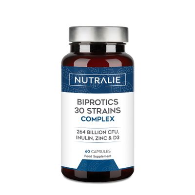 Probiotics and Prebiotics with 30 Strains - 264 Billion CFU per Dose - Biprotics 30 Strains Complex - 60 Capsules Nutralie