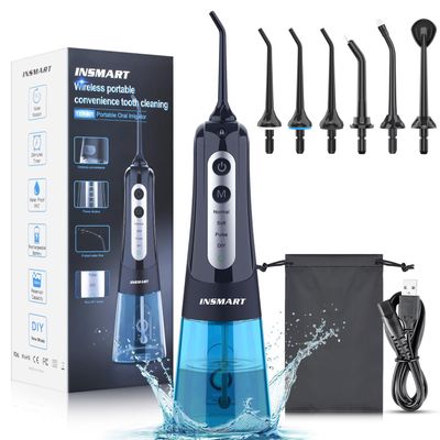 Cordless Water Dental Flosser Teeth Cleaner, INSMART Professional 300ML Tank DIY Mode Rechargeable Dental Oral Irrigator for Home and Travel, IPX7 Waterproof 6 Modes Irrigate Oral Care (Multicolor)