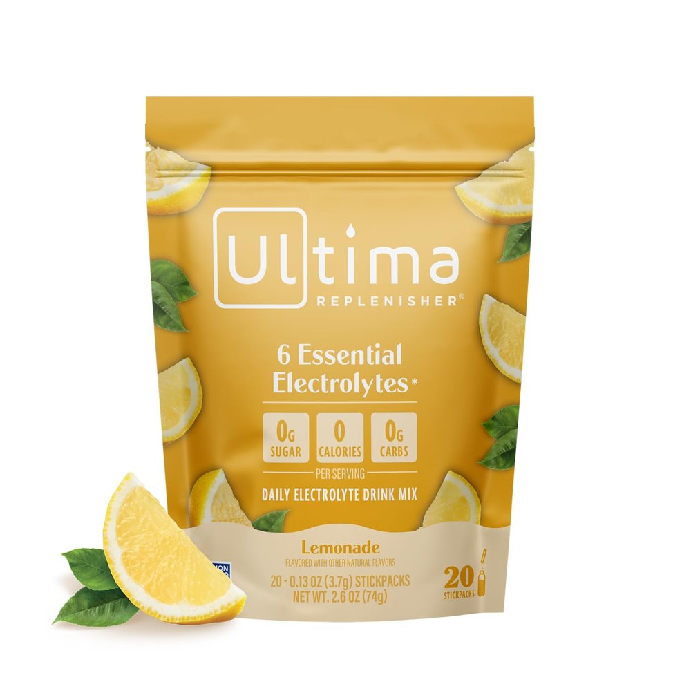 Ultima Replenisher Daily Electrolyte Powder  Lemonade, 20 Stickpacks  Zero Sugar Hydration Packets with 6 Electrolytes and Minerals  Sugar Free, Plant Based & Keto Friendly Drink Mix