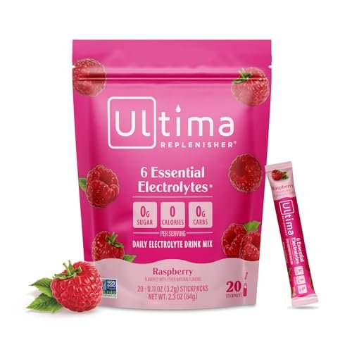 Ultima Replenisher Hydration Electrolyte Packets- 20 Count- Keto & Sugar Free- On the Go Convenience- Feel Replenished, Revitalized- Non-GMO & Vegan Electrolyte Drink Mix- Raspberry