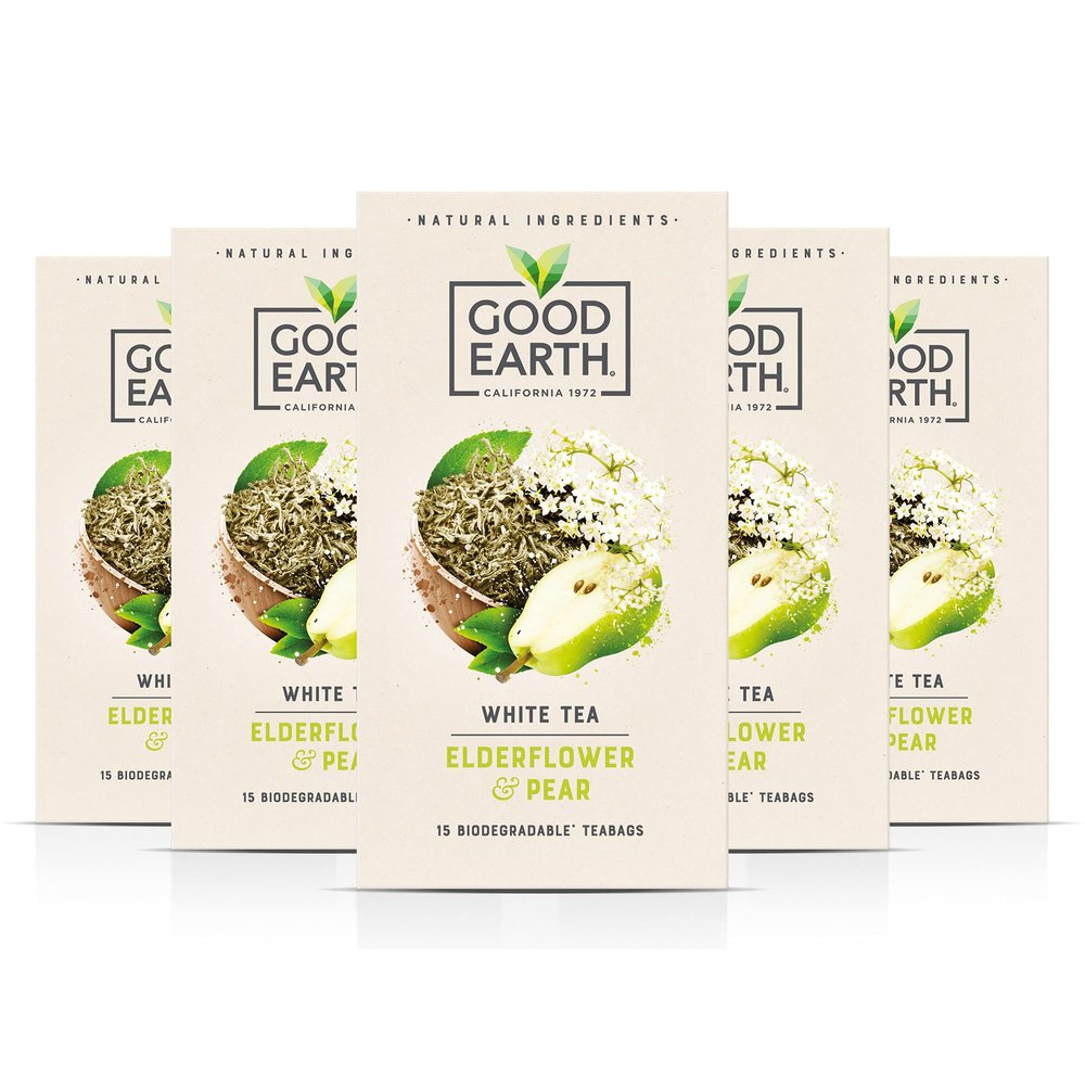 Good Earth Tea Co. Elderflower & Pear Tea Bags Fruit Flavoured Herbal Blend with Sweet Pear and Elderflower 5 x 15 Plant-Based Teabags