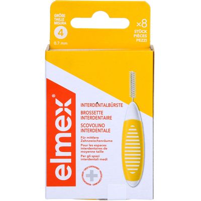 ELMEX Interdental Brush Yellow, Size 4 (0.7 mm), 8 Count, Ideal for Braces, Bridges and Implants, Soft Bristles, Recyclable Packaging