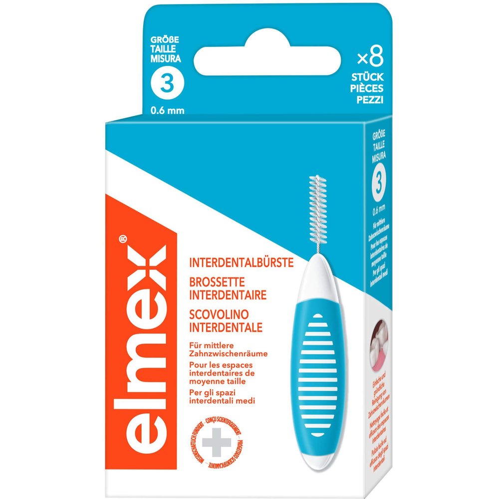 elmex Interdental Brush Blue (Size 3, 0.6 mm), 1 x 8 Interdental Brushes for Cleaning Medium Interdental Spaces