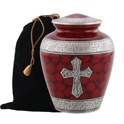 Divinityurns Elite Cross Cloud Cremation Urn - Large Adult Urn - Urn for Ashes - Handcrafted Affordable Urn for Human Ashes with Velvet Bag (Red)