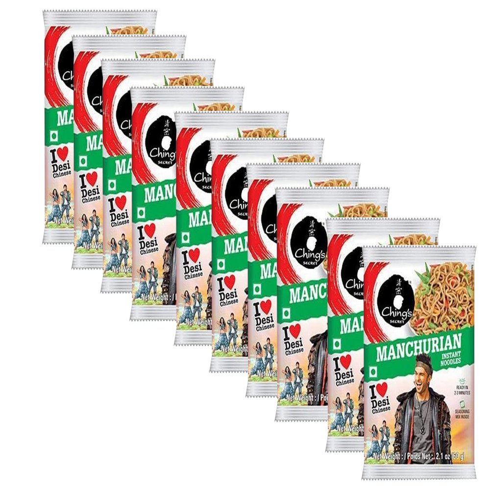 Chings Manchurian Noodles 60g (Pack of 10)  Original Hakka Noodles  Manchurian  Stir Fried Noddles with Seasoning  Easy to Cook - Non Sticky