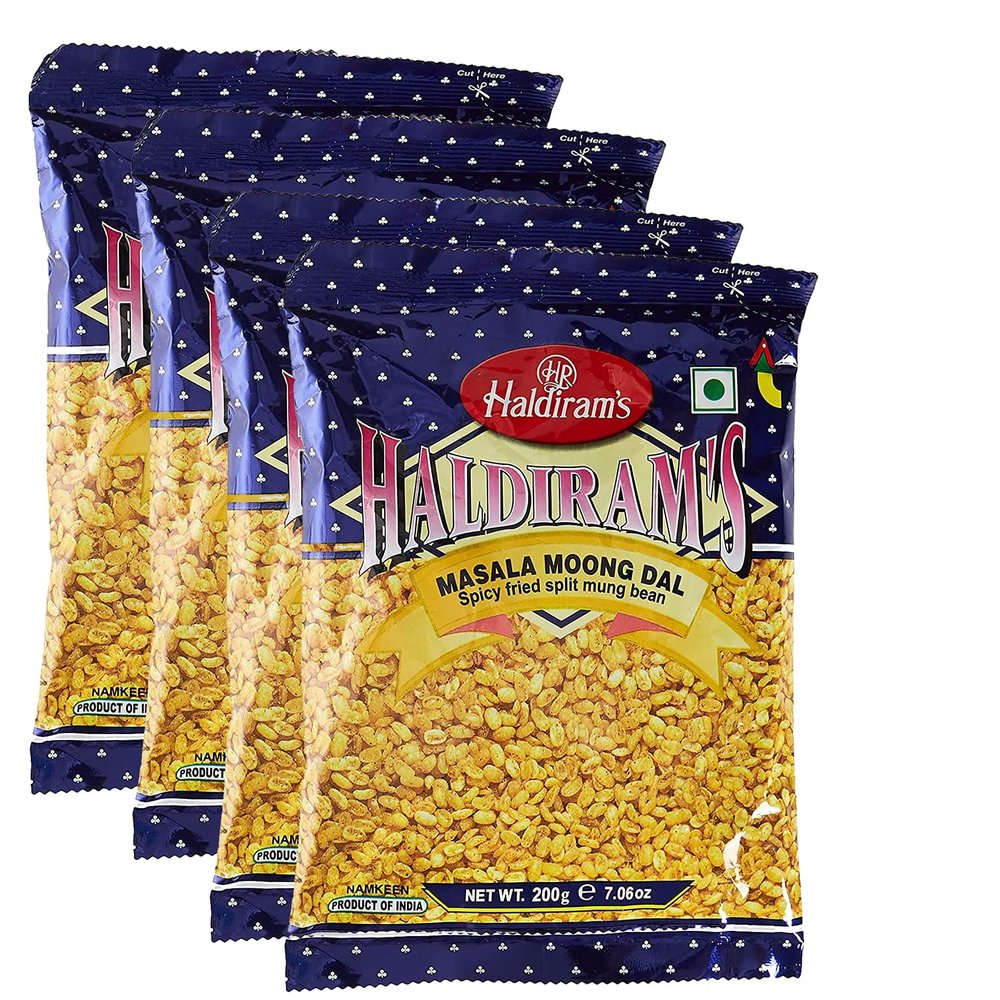 Haldiram Masala Moong Dal 200g (Pack of 4)  Crispy and Crunchy  Good Tea Time Snack  Tasty and Light Snack - Spicy Fried Split Mung Bean